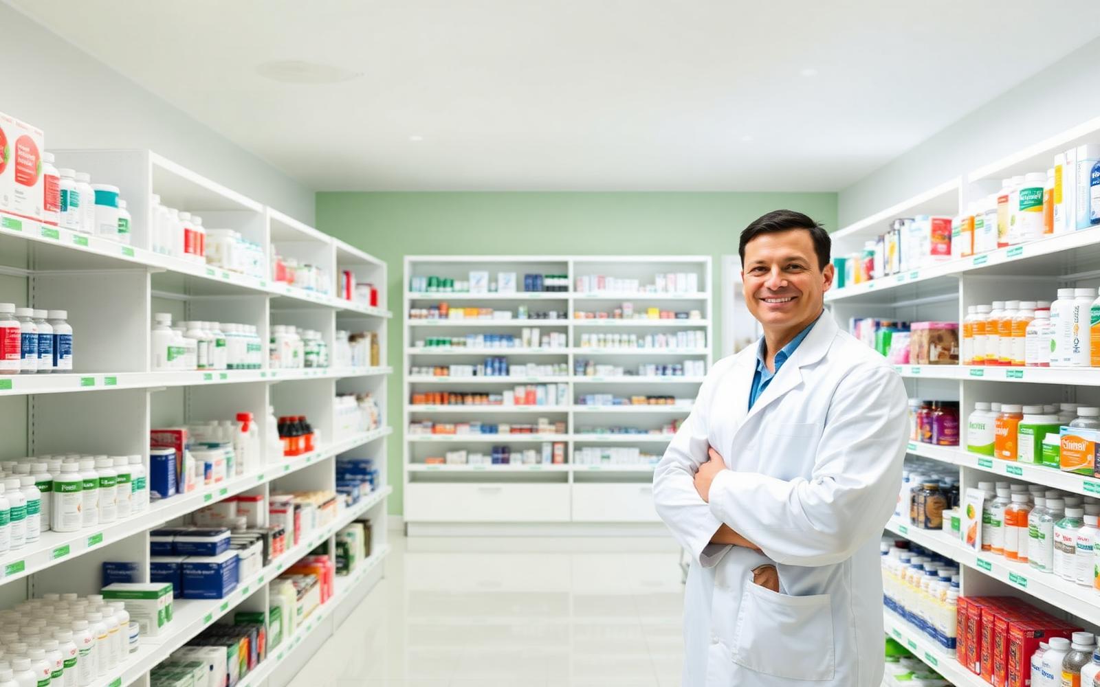 Farmácia moderna com farmacêutico atencioso